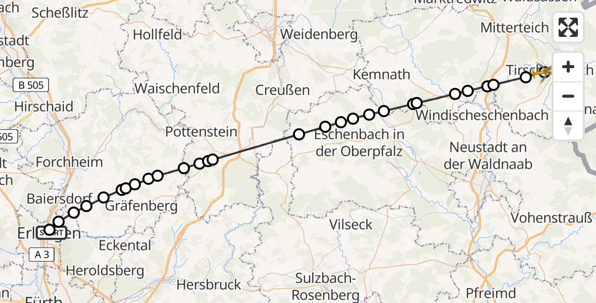 Routekaart van de vlucht: Ambulanzhubschrauber nach Tirschenreuth Flugplatz