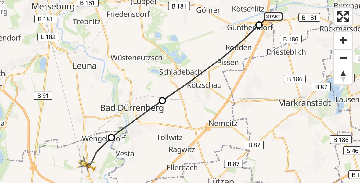 Flugroute Rettungshubschrauber ADAC Air Rescue Station Leipzig/Schkeuditz-Dölzig Hubschrauberlandeplatz (Christoph 61) - Weißenfels, 02 April 2026, 11:38