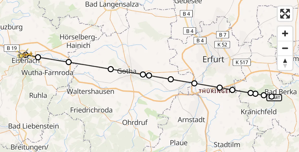 Routekaart van de vlucht: Ambulanzhubschrauber nach Sankt Georg Hospital Eisenach