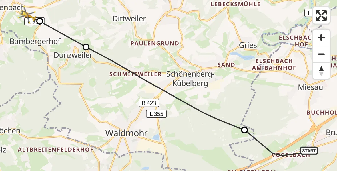 Routekaart van de vlucht: Rettungshubschrauber nach Breitenbach, L 354