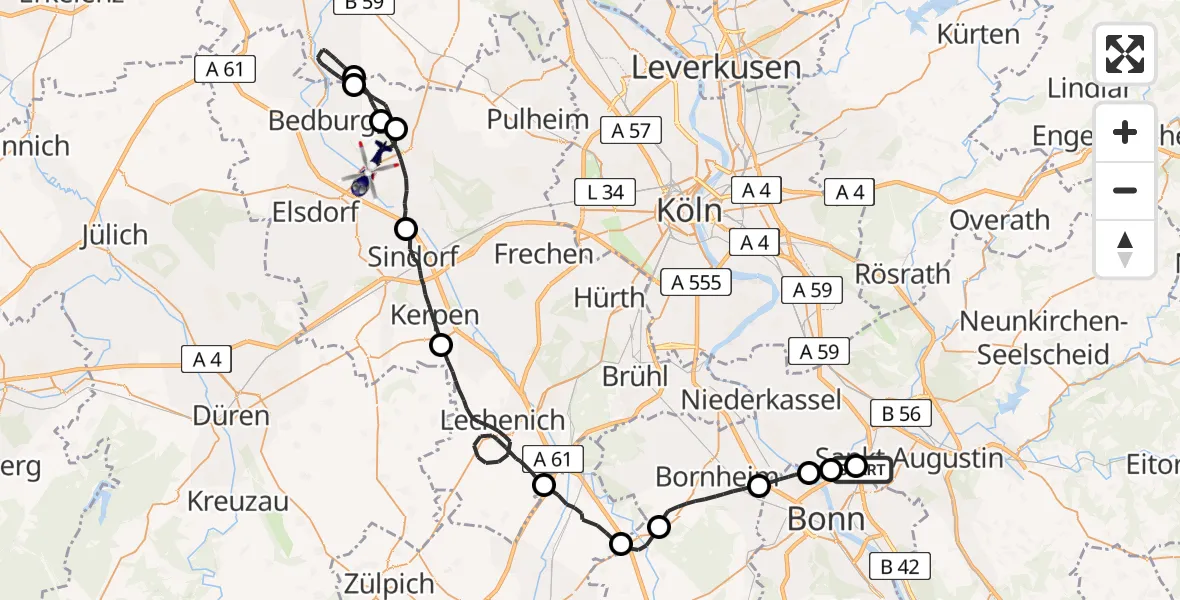 Flugroute Polizeihubschrauber Sankt Augustin - Bergheim, 02 April 2026, 11:55