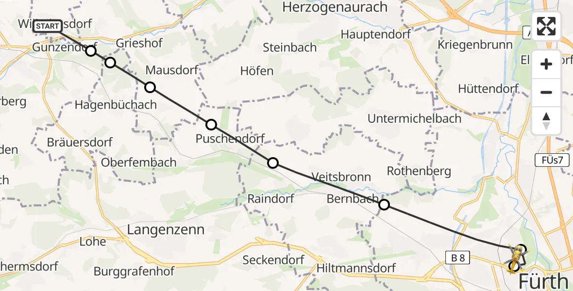 Routekaart van de vlucht: Rettungshubschrauber nach Fürth Hospital