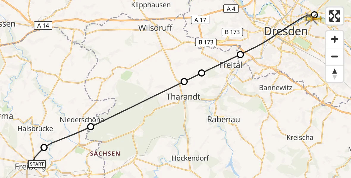 Routekaart van de vlucht: Rettungshubschrauber nach Dresden Elbwiesen Hubschrauberlandeplatz