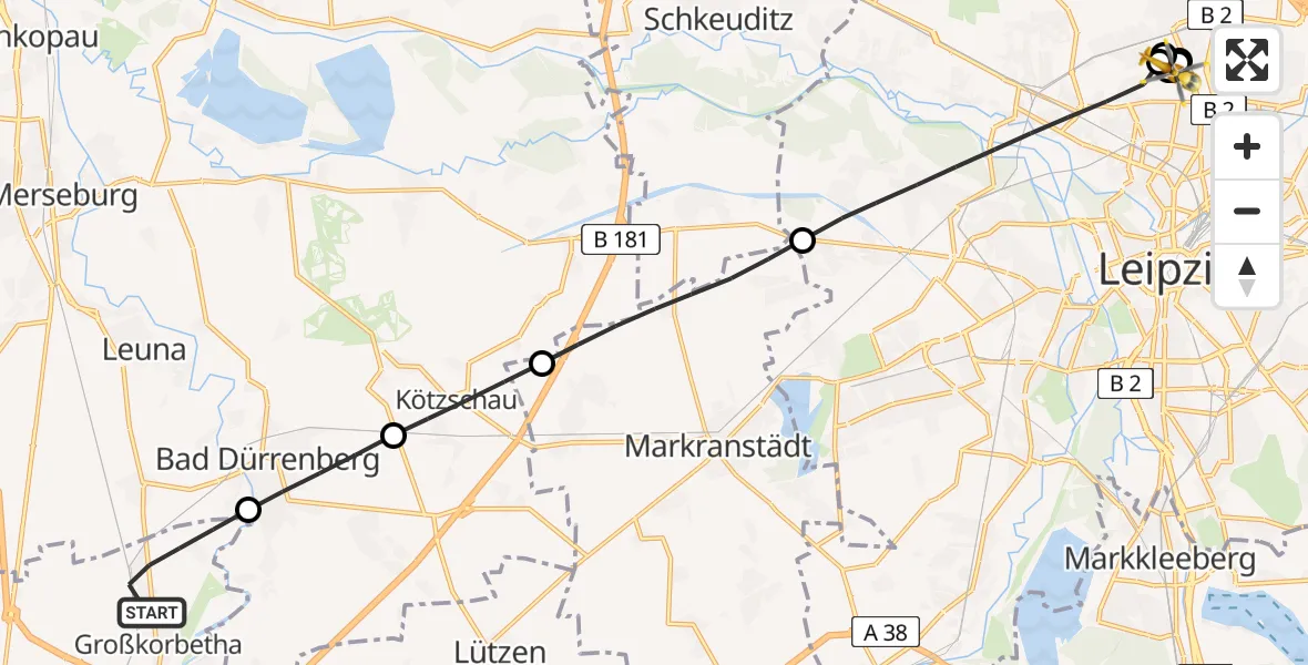 Routekaart van de vlucht: Rettungshubschrauber nach Sankt George Hospital Leipzig