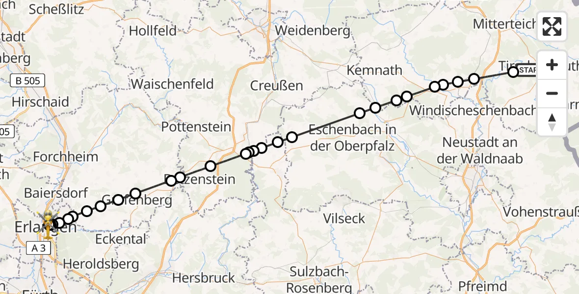Routekaart van de vlucht: Ambulanzhubschrauber nach Erlangen University Hospital Rooftop