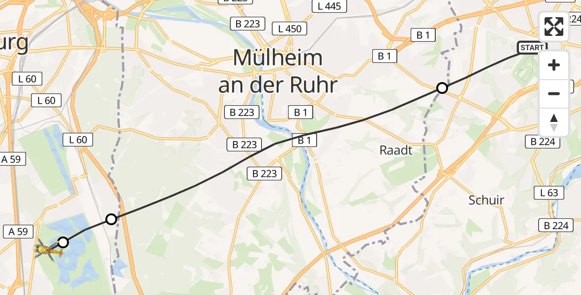 Routekaart van de vlucht: Rettungshubschrauber nach Duisburg Air Rescue Hubschrauberlandeplatz (Christoph 9)