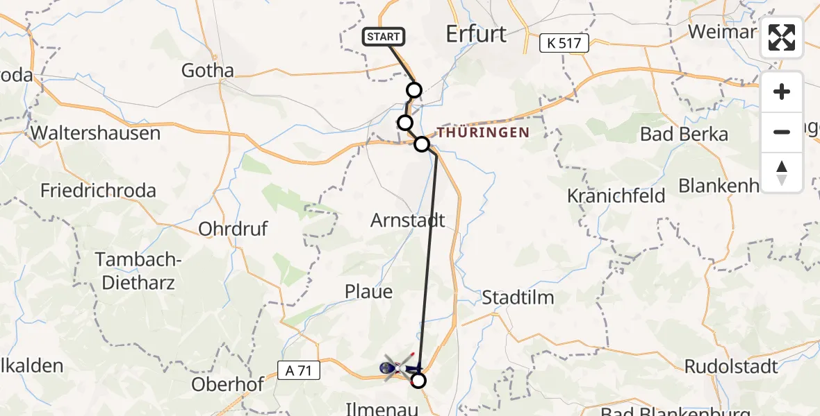 Routekaart van de vlucht: Polizeihubschrauber nach Ilmenau, Thüringer-Wald-Autobahn