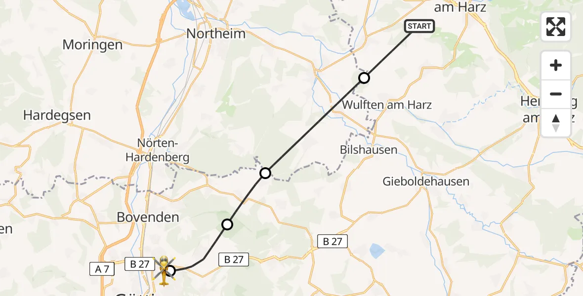 Routekaart van de vlucht: Rettungshubschrauber nach Göttingen University Clinic Hubschrauberlandeplatz
