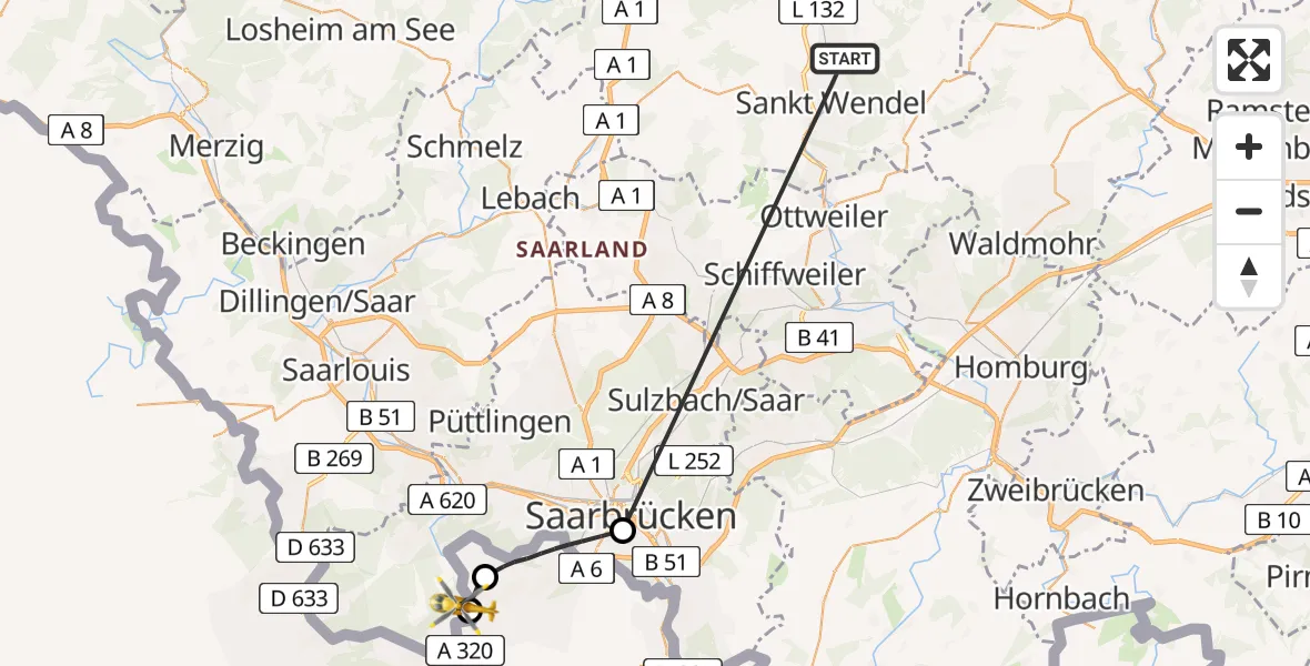 Routekaart van de vlucht: Rettungshubschrauber nach Großrosseln, Bergstraße