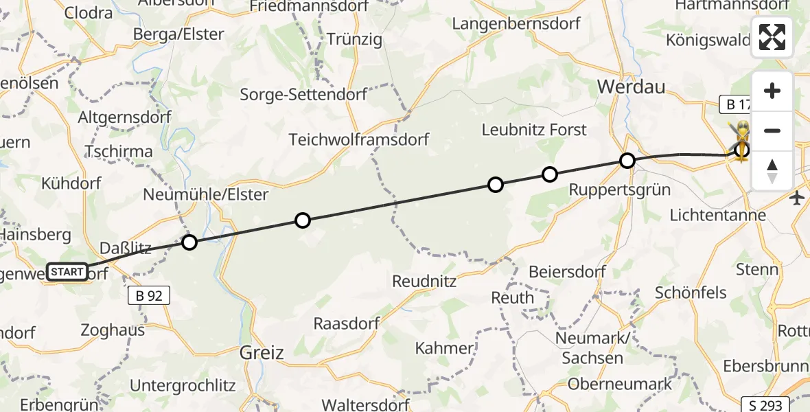 Routekaart van de vlucht: Rettungshubschrauber nach ADAC Air Rescue Station Zwickau Hubschrauberlandeplatz