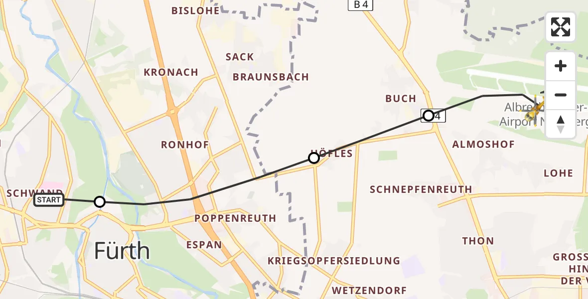 Routekaart van de vlucht: Rettungshubschrauber nach Flughafen Nuremberg