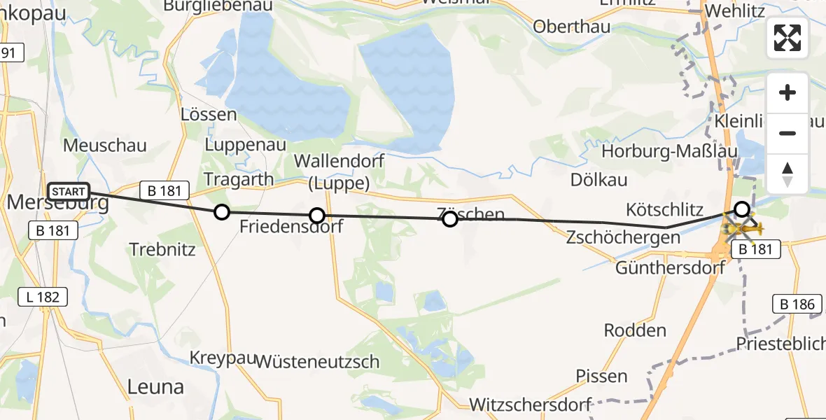 Routekaart van de vlucht: Rettungshubschrauber nach ADAC Air Rescue Station Leipzig/Schkeuditz-Dölzig Hubschrauberlandeplatz (Christoph 61)