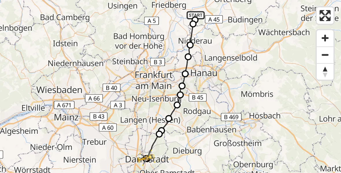 Routekaart van de vlucht: Ambulanzhubschrauber nach Darmstadt Hospital