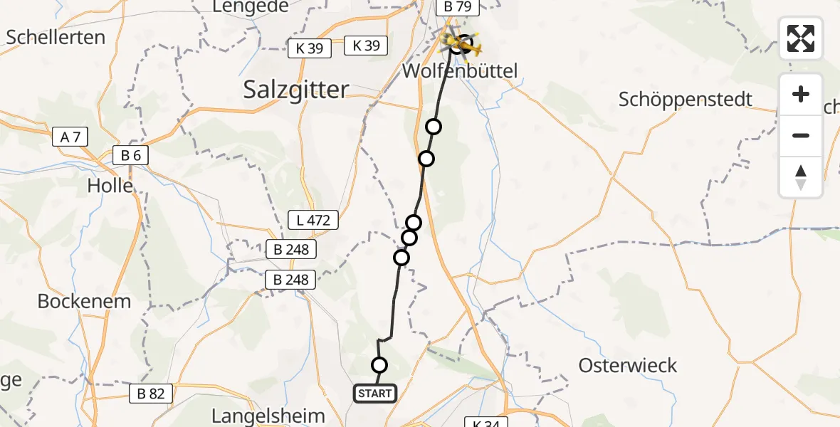 Routekaart van de vlucht: Rettungshubschrauber nach Wolfenbüttel Municipal Hospital Heliport (Christoph 30)