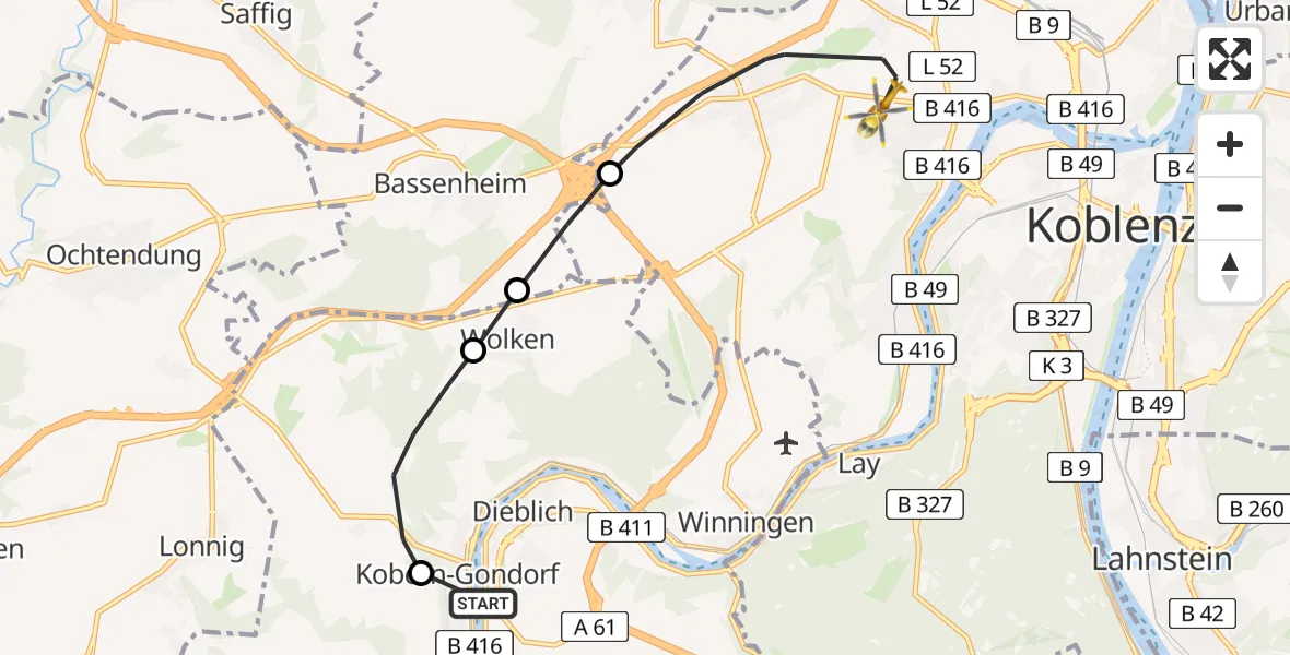 Routekaart van de vlucht: Rettungshubschrauber nach Koblenz, Rübenacher Straße