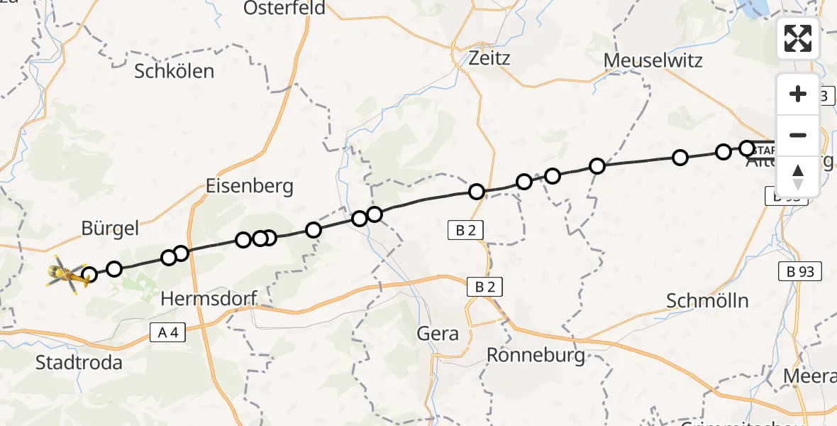 Routekaart van de vlucht: Rettungshubschrauber nach Jena-Schöngleina Flugplatz