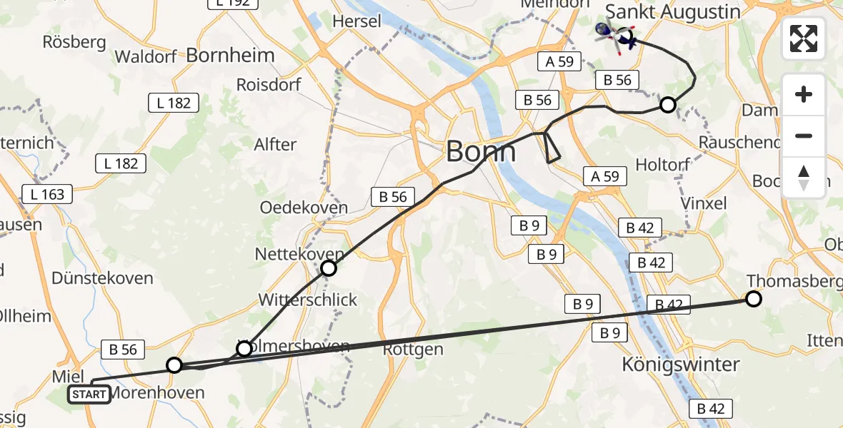 Routekaart van de vlucht: Polizeihubschrauber nach Bonn-Hangelar Flugplatz