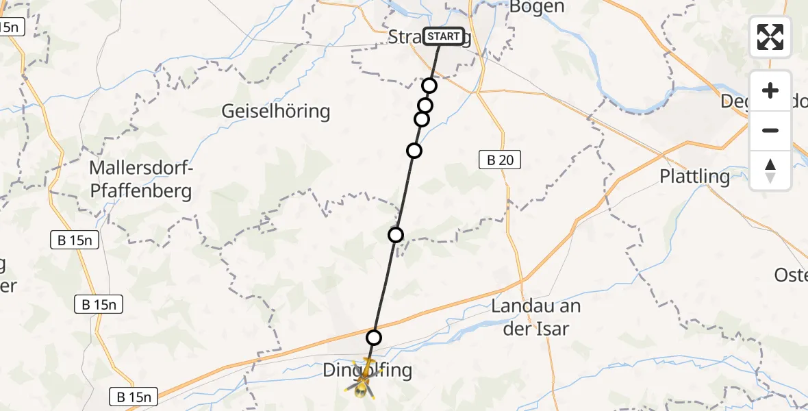 Routekaart van de vlucht: Rettungshubschrauber nach Dingolfing, Kugelweite