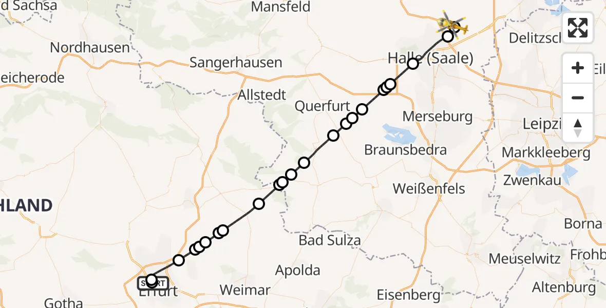 Flugroute Rettungshubschrauber Helios Clinic Erfurt - Halle-Oppin Flugplatz, 02 April 2026, 13:43