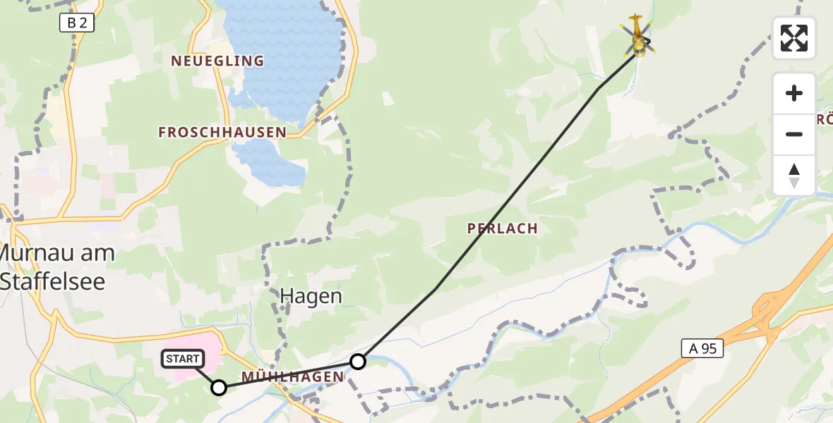 Flugroute Rettungshubschrauber Murnau Accident Hospital - Riegsee, 02 April 2026, 13:44