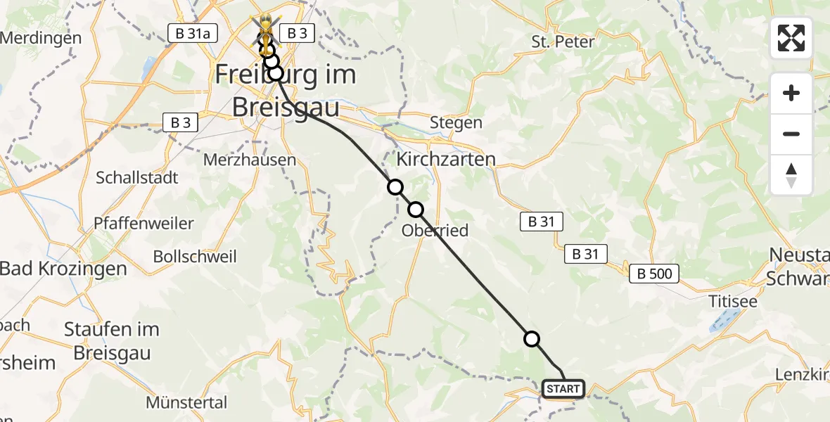 Routekaart van de vlucht: Rettungshubschrauber nach Freiburg im Breisgau Flugplatz