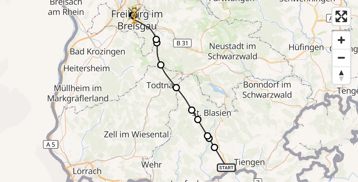Flugroute Rettungshubschrauber Waldshut-Tiengen - Freiburg University Hospital Heliport 1, 02 April 2026, 13:50