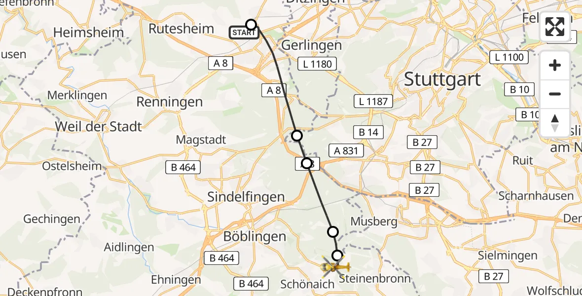Flugroute Rettungshubschrauber Leonberg Hospital - Schönaich, 02 April 2026, 13:55
