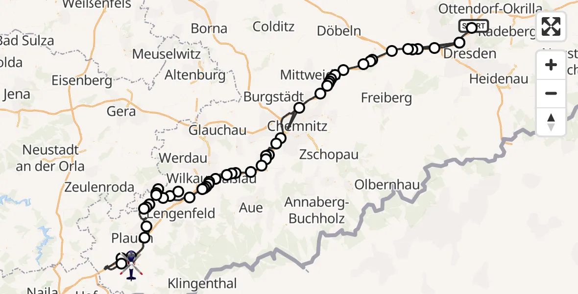 Routekaart van de vlucht: Polizeihubschrauber nach Bösenbrunn, Gemeinhardt's Weg