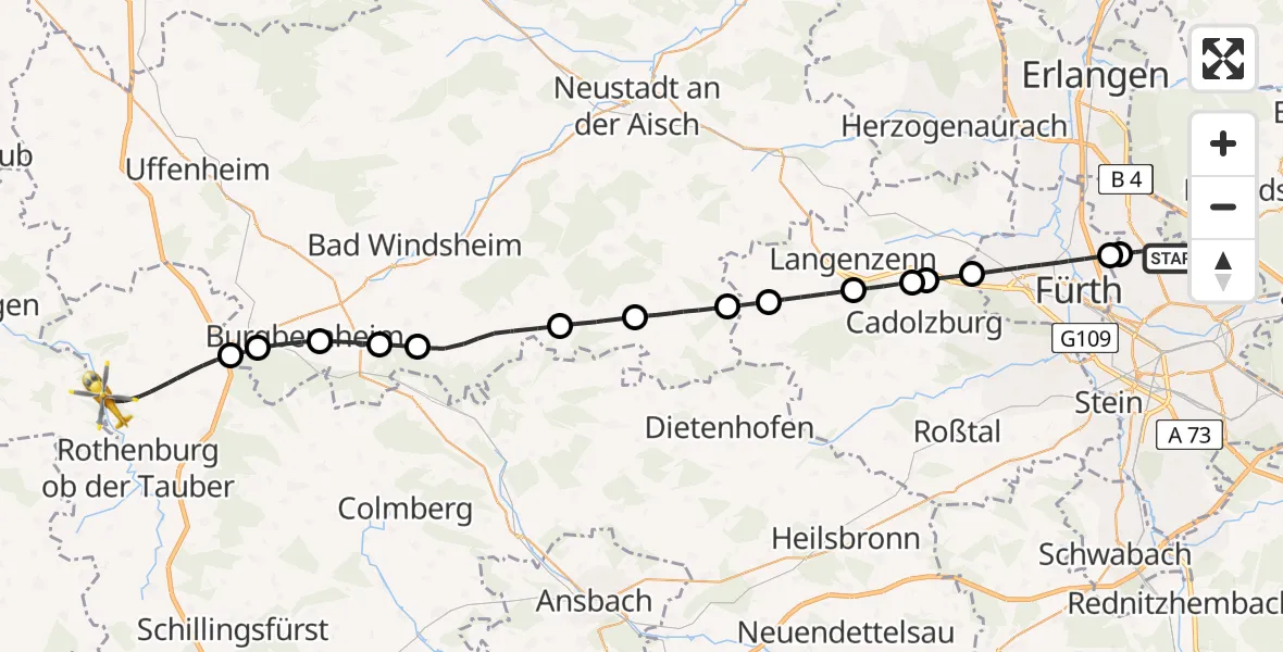 Routekaart van de vlucht: Ambulanzhubschrauber nach Steinsfeld, St 2268