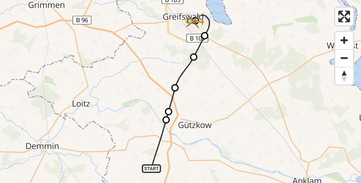 Routekaart van de vlucht: Rettungshubschrauber nach Greifswald Hospital
