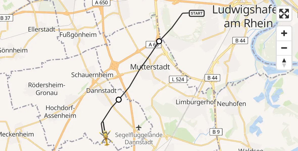 Flugroute Rettungshubschrauber Ludwigshafen am Rhein - Dannstadt-Schauernheim, 02 April 2026, 14:04