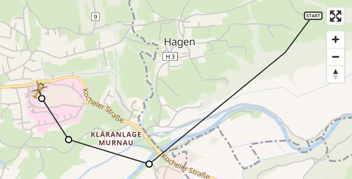Routekaart van de vlucht: Rettungshubschrauber nach Murnau Accident Hospital