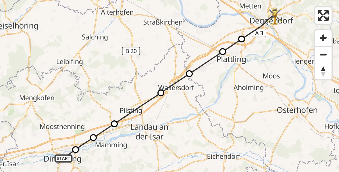 Routekaart van de vlucht: Rettungshubschrauber nach Deggendorf, Perlasberger Straße