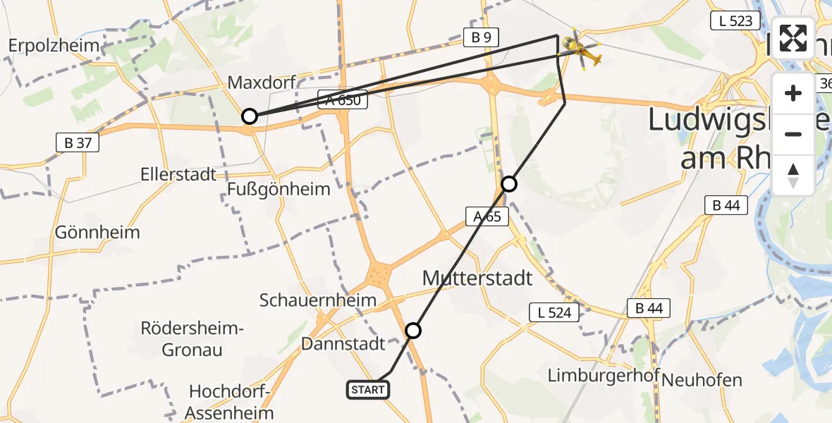 Routekaart van de vlucht: Rettungshubschrauber nach Ludwigshafen Accident Hospital