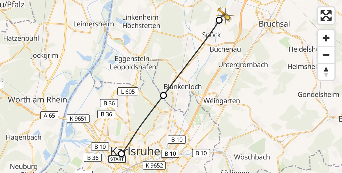 Flugroute Rettungshubschrauber Sankt Vincentius Hospital - Karlsdorf-Neuthard, 02 April 2026, 14:31