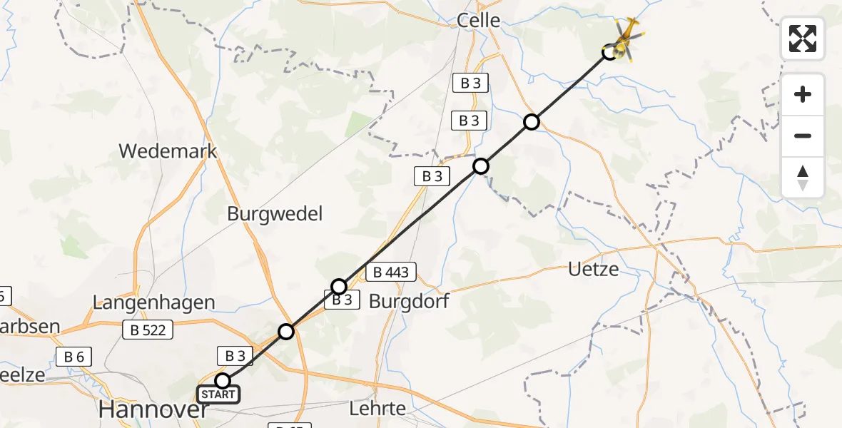 Flugroute Rettungshubschrauber Hannover Luftrettung Hubschrauberlandeplatz (Christoph 4) - Lachendorf, 02 April 2026, 14:34
