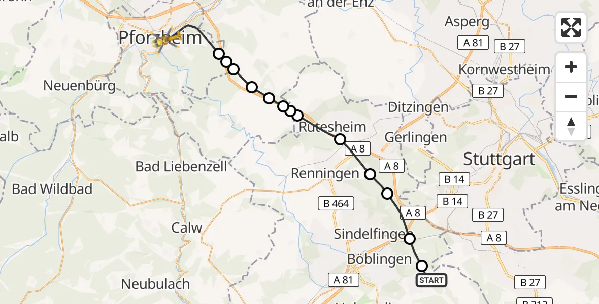 Routekaart van de vlucht: Rettungshubschrauber nach Pforzheim, Abnobastraße