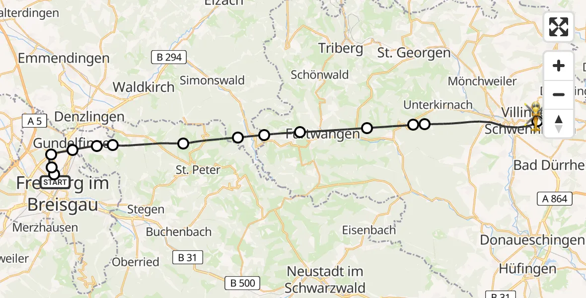 Flugroute Rettungshubschrauber Freiburg University Hospital Heliport 1 - DRF Air Rescue Station Villingen-Schwenningen Hubschrauberlandeplatz (Christoph 11), 02 April 2026, 14:38