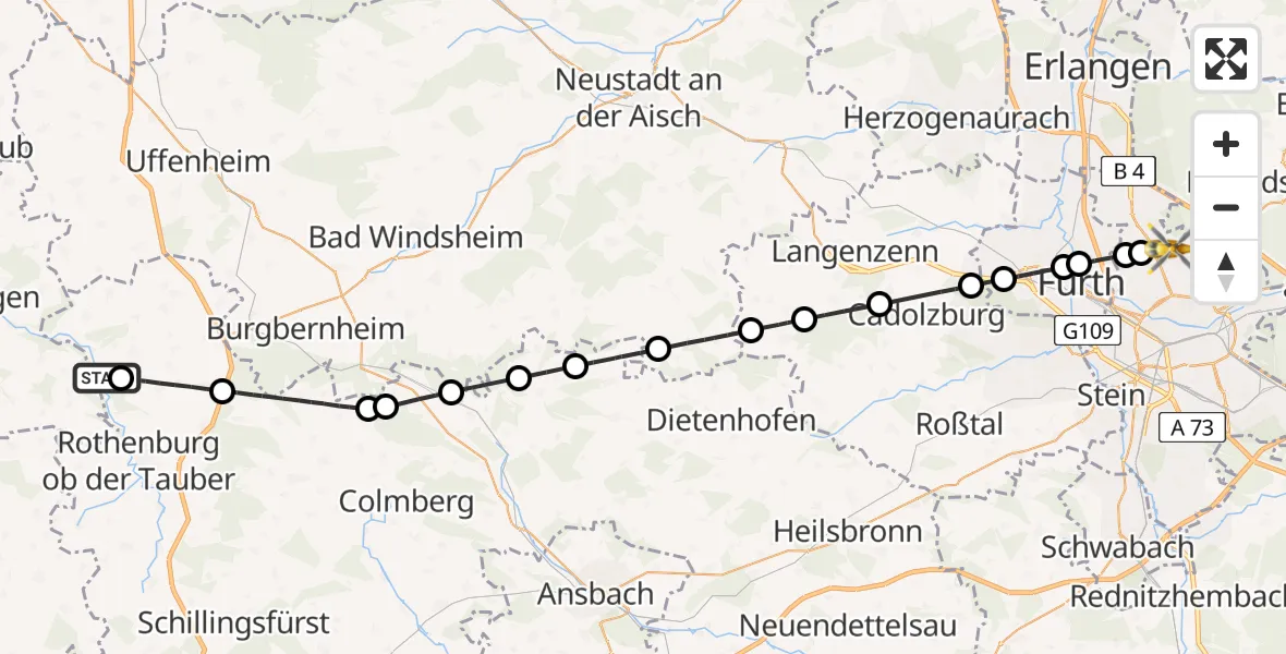 Routekaart van de vlucht: Ambulanzhubschrauber nach Flughafen Nuremberg