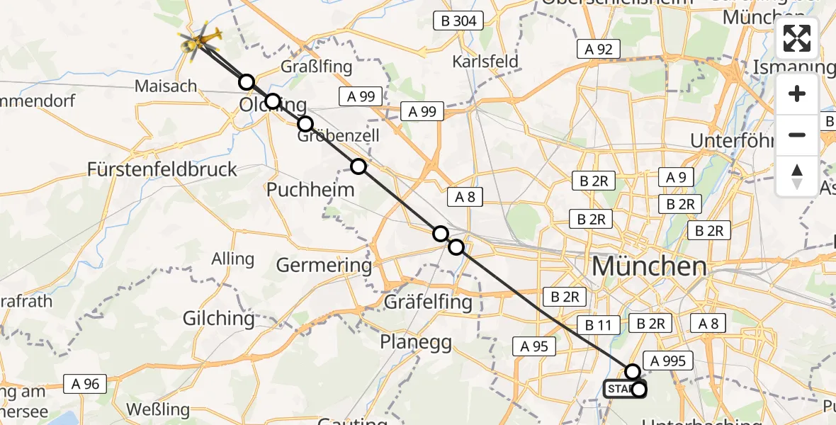 Flugroute Rettungshubschrauber ADAC Air Rescue Center Hubschrauberlandeplatz (Christoph 1) - Maisach, 02 April 2026, 14:45