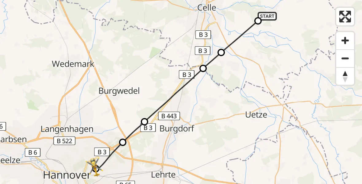 Routekaart van de vlucht: Rettungshubschrauber nach Hannover Luftrettung Hubschrauberlandeplatz (Christoph 4)