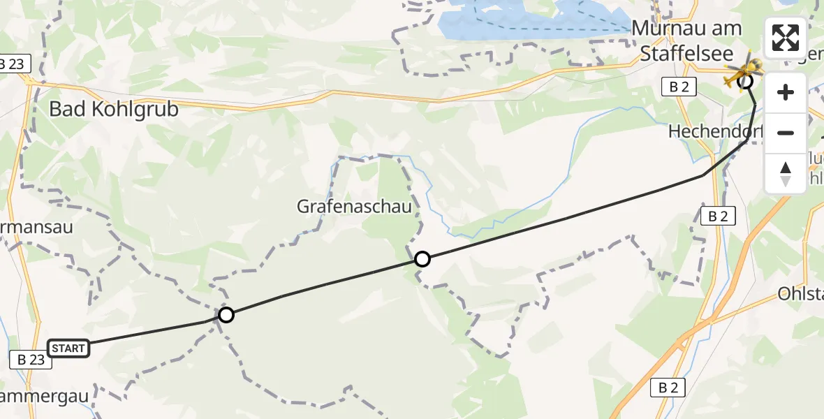 Routekaart van de vlucht: Rettungshubschrauber nach Murnau Accident Hospital