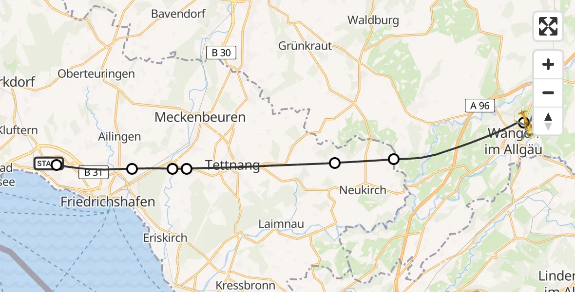 Flugroute Rettungshubschrauber Friedrichshafen Hospital - Westallgäu Clinic Wangen Hubschrauberlandeplatz, 02 April 2026, 15:20