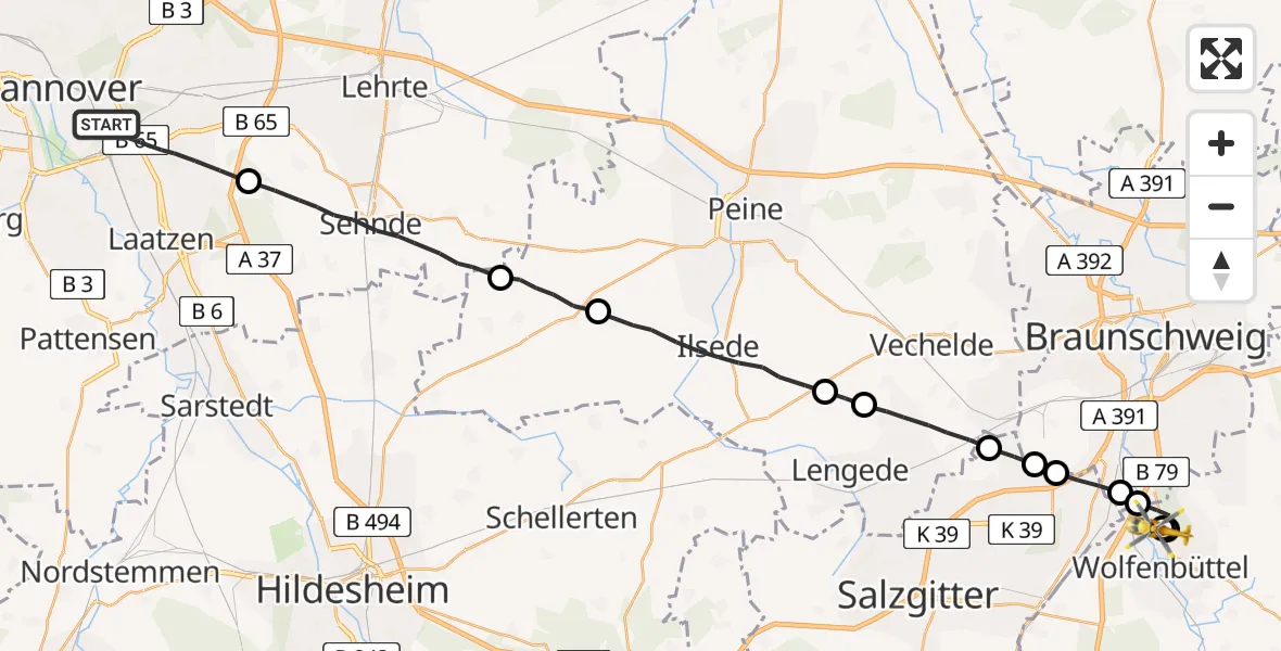 Routekaart van de vlucht: Rettungshubschrauber nach Wolfenbüttel Municipal Hospital Heliport (Christoph 30)