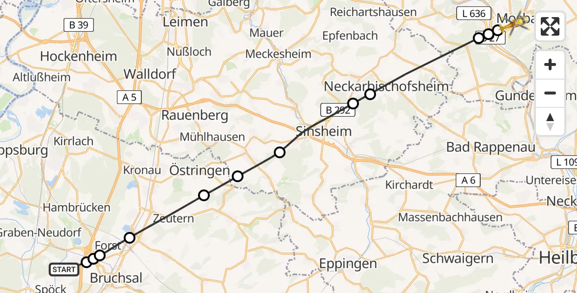 Routekaart van de vlucht: Rettungshubschrauber nach Mosbach, Alte Neckarelzer Straße