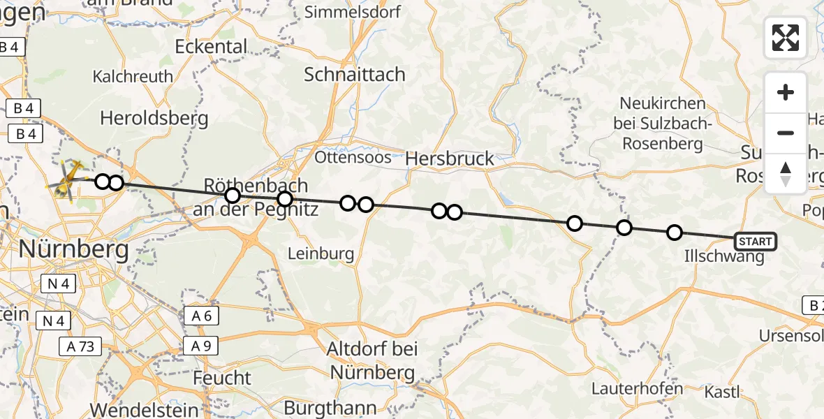 Routekaart van de vlucht: Rettungshubschrauber nach Flughafen Nuremberg