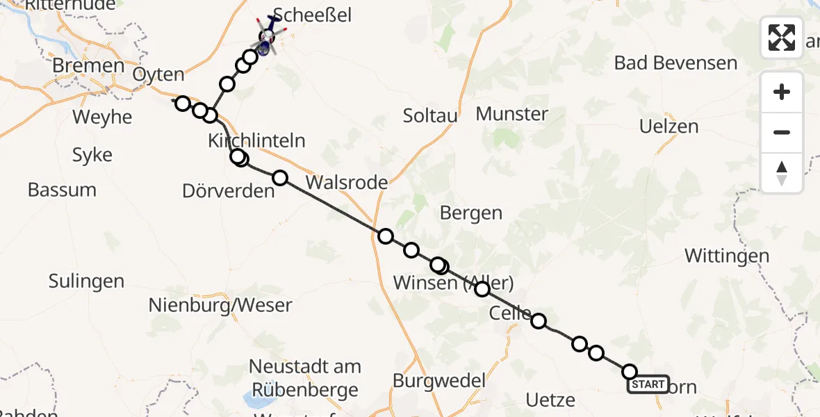 Routekaart van de vlucht: Polizeihubschrauber nach Rotenburg (Wümme) Flugplatz