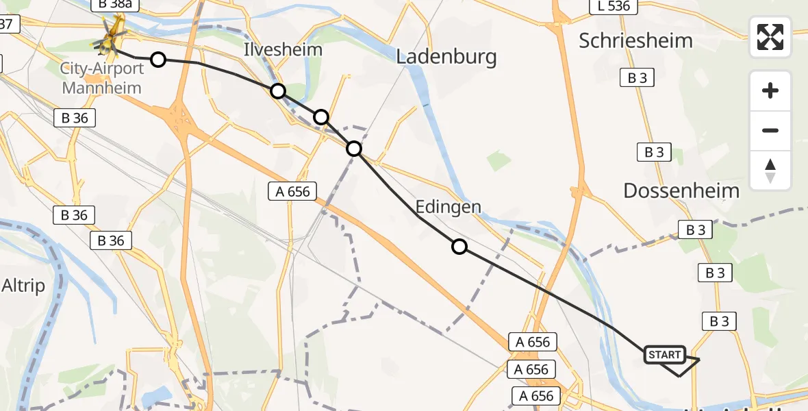 Routekaart van de vlucht: Rettungshubschrauber nach Mannheim-City Flughafen