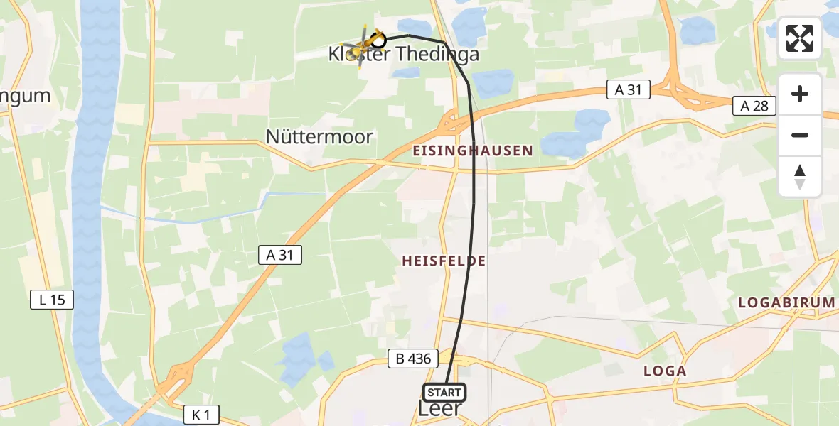 Routekaart van de vlucht: Rettungshubschrauber nach Flugplatz Leer-Papenburg