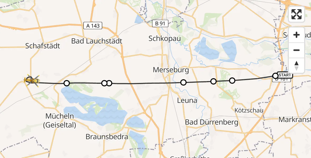 Flugroute Rettungshubschrauber ADAC Air Rescue Station Leipzig/Schkeuditz-Dölzig Hubschrauberlandeplatz (Christoph 61) - Mücheln (Geiseltal), 02 April 2026, 15:49